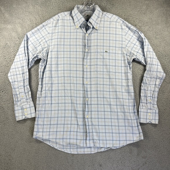 Lacoste Shirt Mens 42 Blue White Glen Check Crocodile Pocket Long Sleeve Button - Picture 1 of 9
